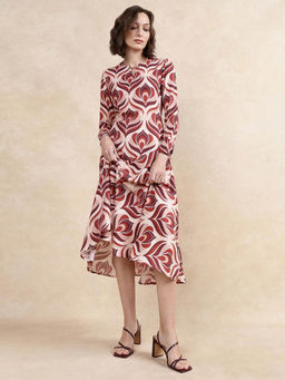 RAREISM - Women Denizli Dark Beige Round Neck Midi A-Line Dress