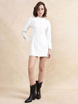 RAREISM - Women Mafis Primary White Ruffled Neck Mini Straight Dress