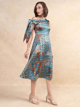 RAREISM - Women Minican Primary Abstract Print Blue Asymmetrical Midi Dress