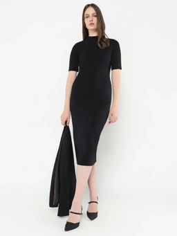 RAREISM - Women Rotary Primary Black High Neck Midi Slim Dress
