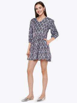 RAREISM - Women Thecon Blue V-Neck Printed Mini Flared Dress