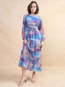 RAREISM - Women Yason Blue Round Neck Midi Flared Dress