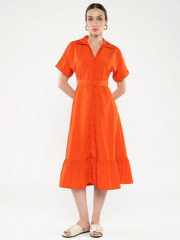 RAREISM - Women Capetow Primary Orange Collar Neck Midi A-Line Dress with Belt (Set of 2)