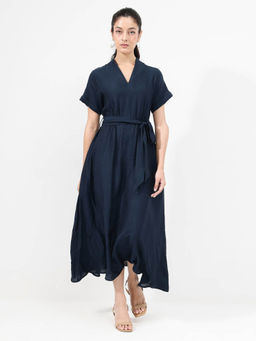 RAREISM - Women Elham Primary Navy V-Neck Maxi A-Line Dress with Belt (Set of 2)