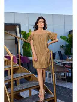 Attic Salt - Brown Seraphic Off Shoulder Pleated Dress
