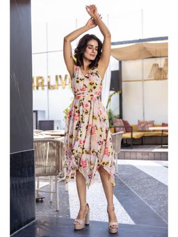 Attic Salt - Multi-Color High-Low Floral Printed Midi Dress