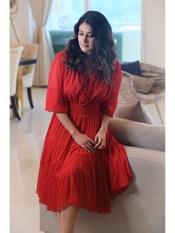 Attic Salt - Flair Red Solid Midi Dress