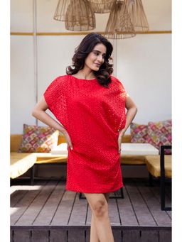 Attic Salt - Red Schiffly Self Design Half Sleeves Dress