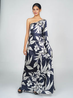 Zink London - Women Navy Blue Tropical Print Flared Maxi Dress