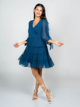 Zink London - Women Blue Solid Tiered Mini Dress