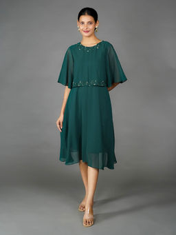 Zink London - Women Green Solid Embellished Flared Midi Dress