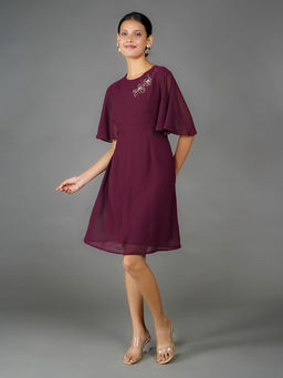 Zink London - Women Maroon Solid Embroidered Flared Mini Dress