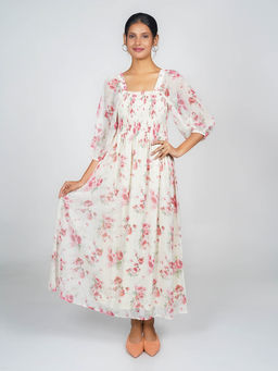 Zink London - Women Off White Printed Floral Flared Maxi Dress