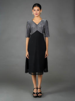 Zink London - Women Silver Solid Shimmer A Line Midi Dress