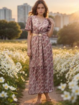 RARE - Women Brown Color Maxi Floral Print Dress