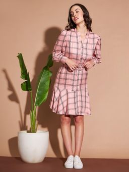 RARE - Women Peach Color Mini Checked Dress with Belt (Set of 2)