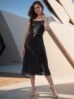 RARE - Women Black Color Midi Embellished Dress