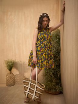 RARE - Women Green Color Mini Floral Print Dress