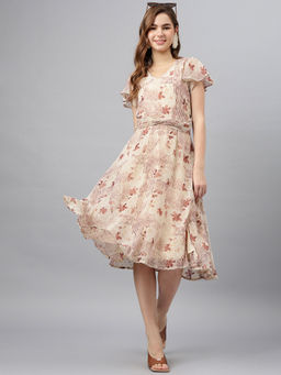 Latin Quarters - Women Beige Printed Short Sleeve V-Neck Casual Dress