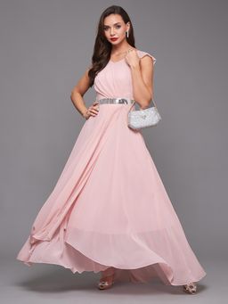 Miss Chase - Women's Dusty Pink V-Neck Short Sleeve Solid Embellished Maxi Party Dress