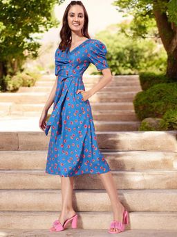 Miss Chase - Women's Multicolored-Base-Blue Pleated Puff Sleeve Floral Wrap Midi Dress