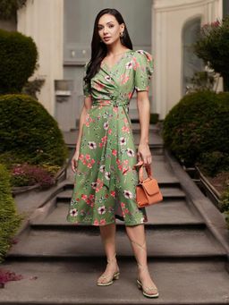 Miss Chase - Women's Multicolored-Base-Green V-Neck Pleated Floral Wrap Midi Dress