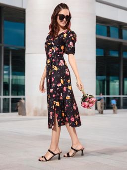 Miss Chase - Women's Multicolored-Base-Black V-Neck Pleated Floral Wrap Midi Dress