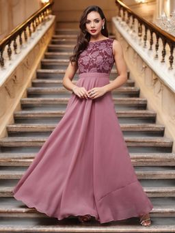 Miss Chase - Mauve Boat Neck Sleeveless Self Design Lace Maxi Dress