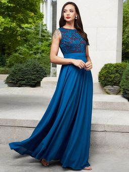 Miss Chase - Royal Blue Boat Neck Sleeveless Self Design Lace Fit and Flare Dress