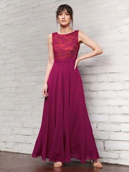 Miss Chase - Dark Pink and Rust Boat Neck Sleeveless Self Design Lace Dress