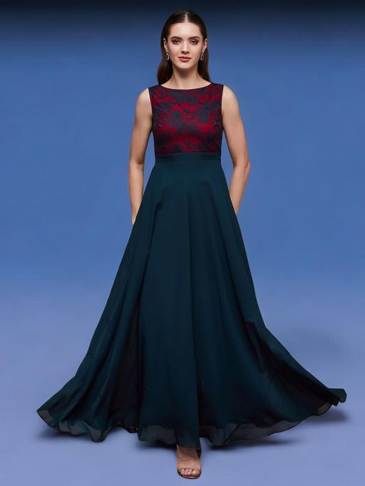 Buy Miss Chase Teal Boat Neck Sleeveless Self Design Lace Fit and Flare  Dress (XS) Online