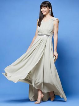 Miss Chase - Dusty Green V-Neck Ruffled Sleeve Solid Embellished Maxi Dress