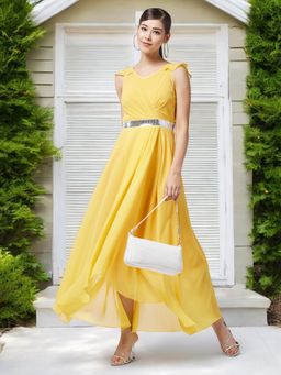 Miss Chase - Yellow V-Neck Ruffled Sleeve Solid Embellished Maxi Dress