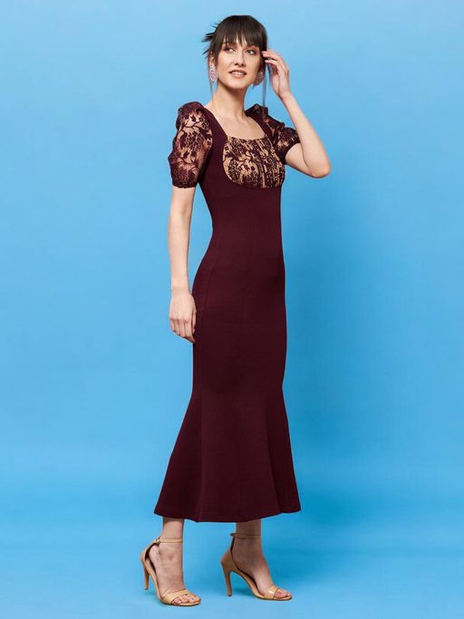 Miss Chase Maroon Lace Skater Dress Maroon V-Neck Sleeveless Solid Pearl  Detailing Knee-Long High-