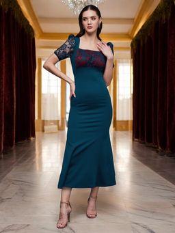 Miss Chase - Women's Teal Square Neck Puff Sleeve Lace Overlaid Bodycon Maxi Dress