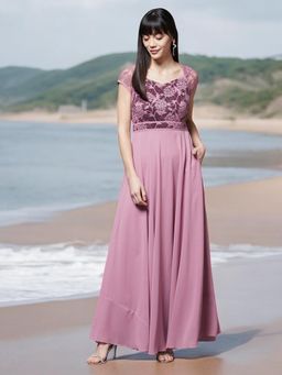 Miss Chase - Women's Lavender & Wine V-Neck Cap Sleeves Floral Lace Fit & Flare Maxi Dress