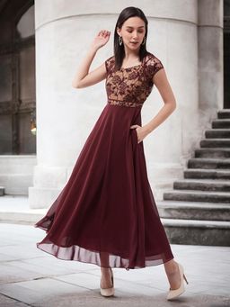 Miss Chase - Women's Wine & Beige Floral Lace Overlaid Fit & Flare Maxi Dress