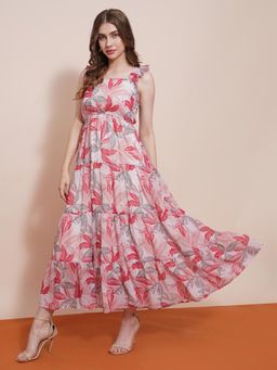 Globus - Pink Square Neck Flutter Sleeves Tropical Printed Tiered Fit and Flare Maxi Dress