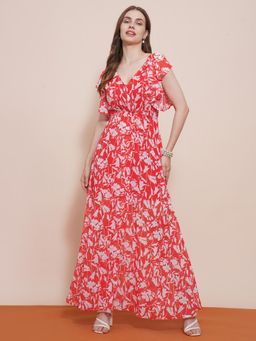 Globus - Red Strappy Flutter Sleeves Floral Printed Fit and Flare Maxi Dress