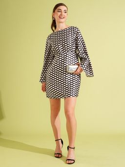 Globus - Black and White Boat Neck Flared Sleeves Satin A-Line Mini Party Dress