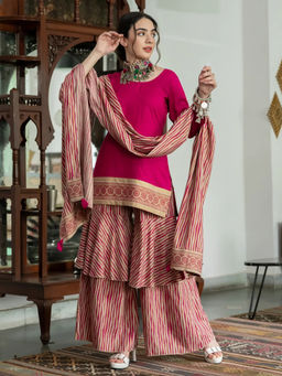 Rustorange - Magenta and Beige Kurta Ruffle Pant with Dupatta (Set of 3)