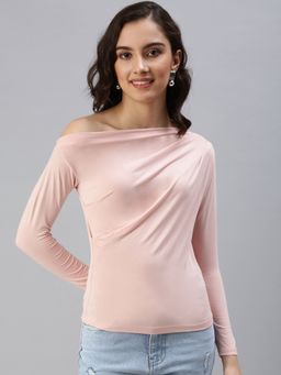 SHOWOFF - Women's Solid Fitted Peach Boat Neck Top