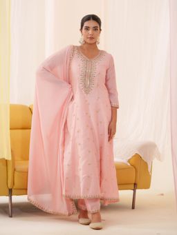 Gahan - Raw Silk Yoke Embroidered Embellished Pink Anarkali Pant & Dupatta (Set of 3)