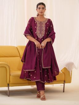 Gahan - Raw Silk Yoke Embroidered Embellished Wine Anarkali Pant & Dupatta (Set of 3)