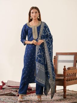 Gahan - Raw Silk Festive Embellished Navy Blue Kurta Pant & Brocade Dupatta (Set of 3)