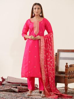 Gahan - Raw Silk Festive Embellished Pink Kurta Pant & Brocade Dupatta (Set of 3)
