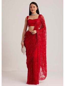 KALKI FASHION - Red Sequins And Stone Detailing Net Saree with Unstitched Blouse