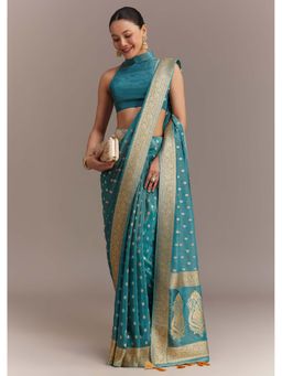 KALKI FASHION - Blue Zari Border Butti & Pallu Tissue Silk Saree with Unstitched Blouse
