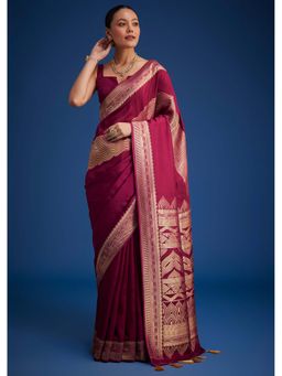 KALKI FASHION - Burgundy Zari Work Dola Silk Saree with Unstitched Blouse