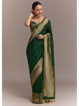 KALKI FASHION - Dark Green Zari Border Butti & Pallu Tissue Silk Saree with Unstitched Blouse
